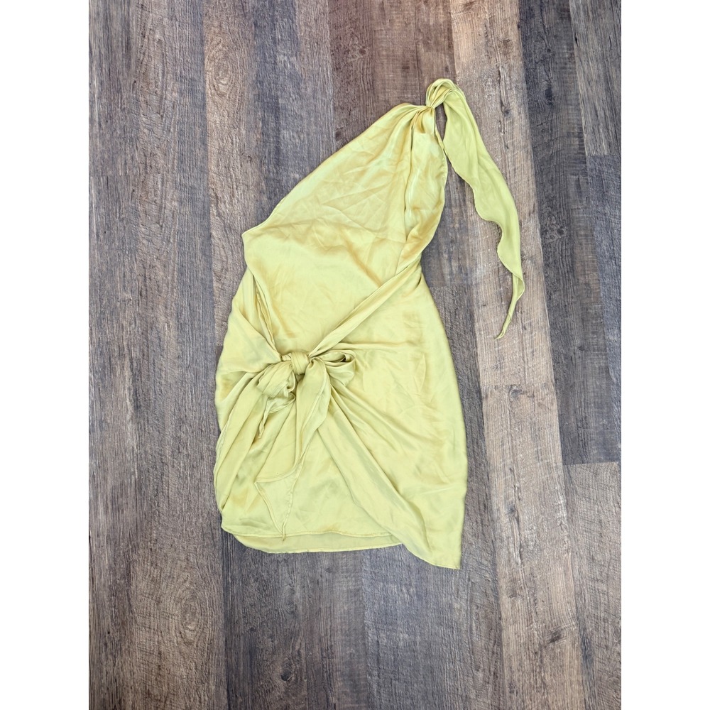 Baobab One Shoulder Mini Dress Lime Green Satin Knotted Wrap Style Size Small
